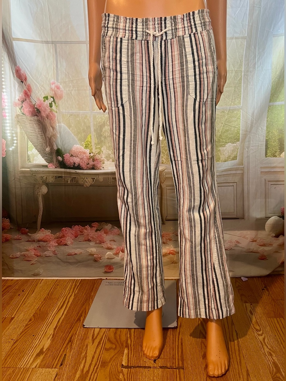 Roxy Striped Drawstring Wide-Leg Pants - White, Black, Blush